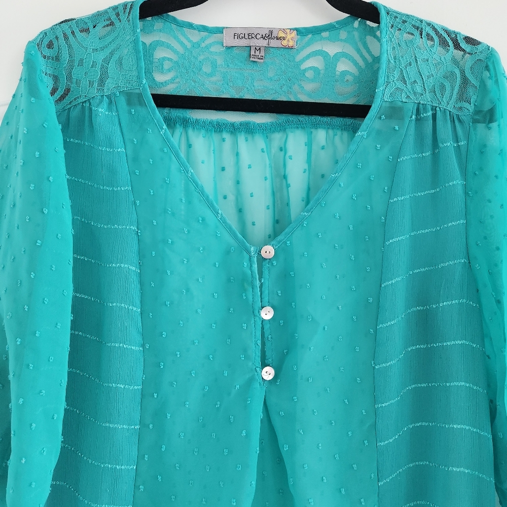 Figueroa & Flower Sheer Teal Blouse Top Medium - Picture 2 of 7